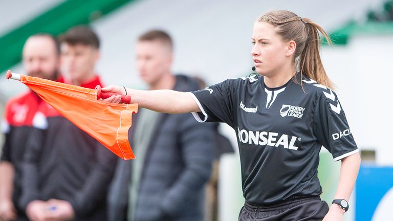 Picture by Allan McKenzie/SWpix.com - 31/03/2019 - Rugby League - Coral Challenge Cup - Keighley Cougars v Bradford Bulls - Cougar Park, Keighley, England - Official, linesman, Tara Jones, Ronseal, branding.