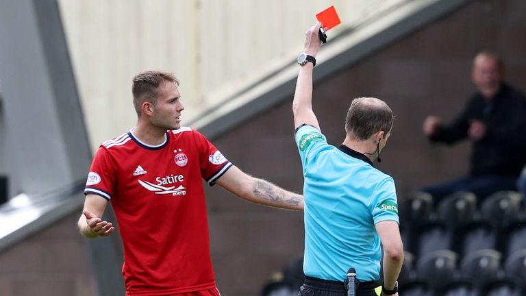 Aberdeen Teddy Jenks was shown a red card with the Dons leading 2-1