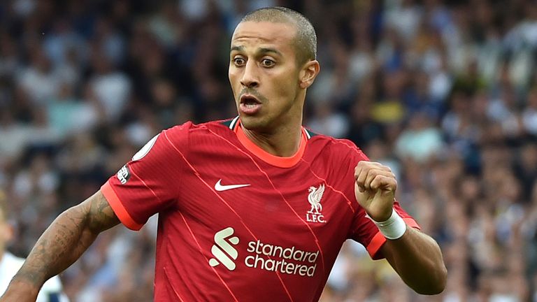 Liverpool's Thiago during the English Premier League soccer match between Leeds United and Liverpool at Elland Road in Leeds, England, Sunday, Sept.12, 2021. (AP Photo/Rui Vieira)..