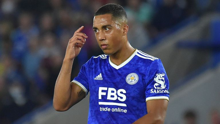 Leicester's Youri Tielemans during the Europa League Group C soccer match between Leicester City and Napoli at the King Power Stadium in Leicester, England, Thursday, Sept.16, 2021. (AP Photo/Rui Vieira)..