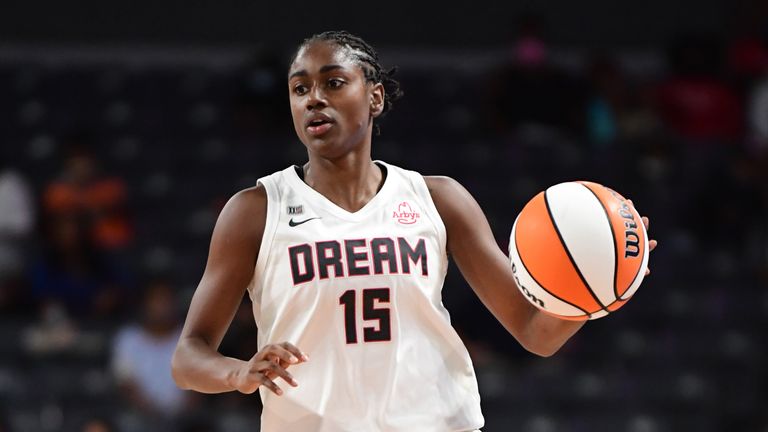 ATLANTA, GA - SEPTEMBER 14: Tiffany Hayes #15 of the Atlanta Dream handles the ball during the game against the Indiana Fever on September 14, 2021 at Gateway Center Arena in College Park, Georgia. NOTE TO USER: User expressly acknowledges and agrees that, by downloading and or using this photograph, User is consenting to the terms and conditions of the Getty Images License Agreement. Mandatory Copyright Notice: Copyright 2021 NBAE (Photo by Adam Hagy/NBAE via Getty Images)