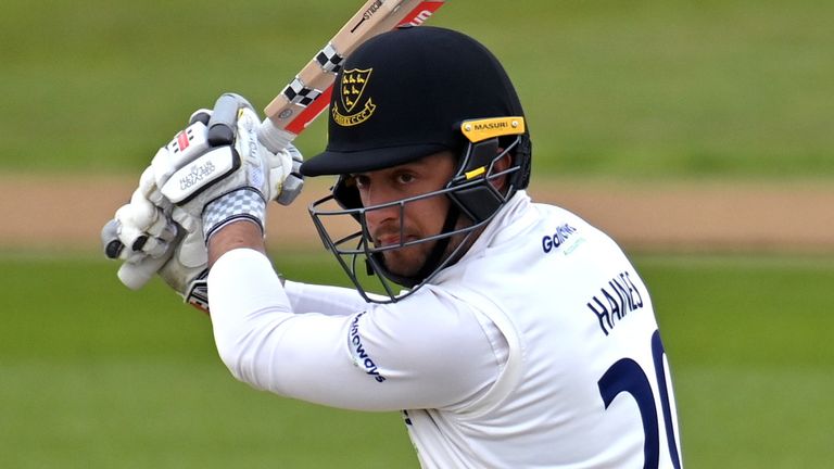Tom Haines of Sussex plays a shot during the LV= Insurance County Championship match between Sussex and Lancashire at The 1st Central County Ground on April 29, 2021 in Hove, England.