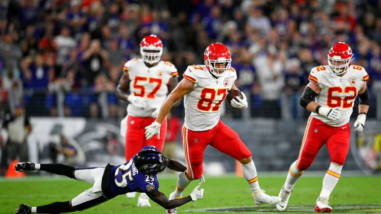 Kansas City Chiefs tight end Travis Kelce (87) rushes past Baltimore Ravens cornerback Tavon Young in the second half of an NFL football game, Sunday, Sept. 19, 2021, in Baltimore. (AP Photo/Nick Wass)