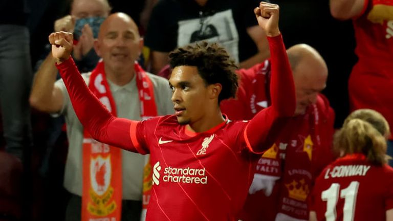 Trent Alexander-Arnold celebrates after putting Liverpool 1-0 ahead