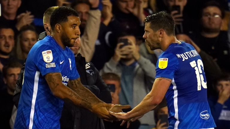 Troy Deeney made his Birmingham debut in the Blues' 2-0 win over Derby