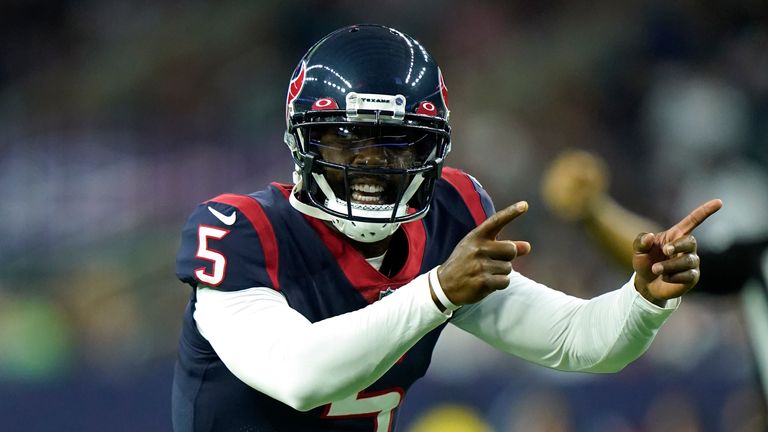 Houston Texans quarterback Tyrod Taylor (5) points as he calls signals as he awaits the snap during an NFL preseason football game against the Tampa Bay Buccaneers, Saturday, Aug. 28, 2021, in Houston. (AP Photo/Matt Patterson)