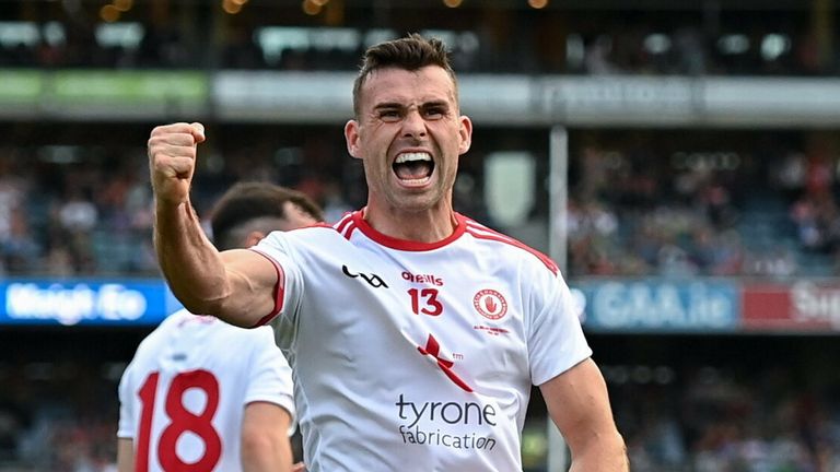 11 September 2021; Darren McCurry of Tyrone celebrates scoring a goal, in the 58th minute, during the GAA Football All-Ireland Senior Championship Final match between Mayo and Tyrone at Croke Park in Dublin. Photo by Ramsey Cardy/Sportsfile