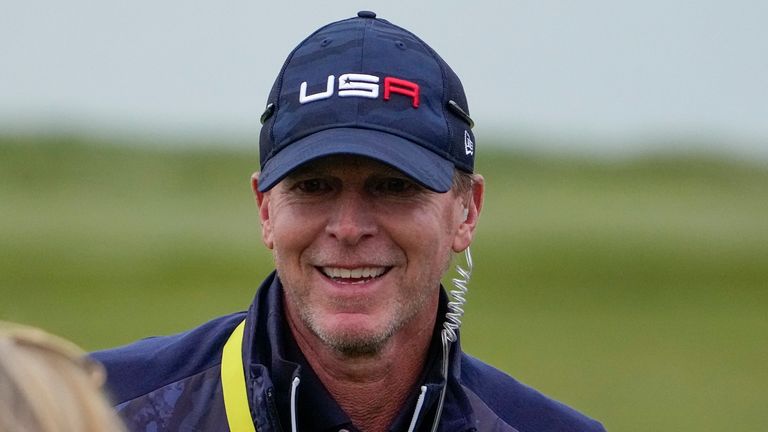 Team USA captain Steve Stricker smiles during a four-ball match the Ryder Cup at the Whistling Straits Golf Course Saturday, Sept. 25, 2021, in Sheboygan, Wis. (AP Photo/Jeff Roberson)