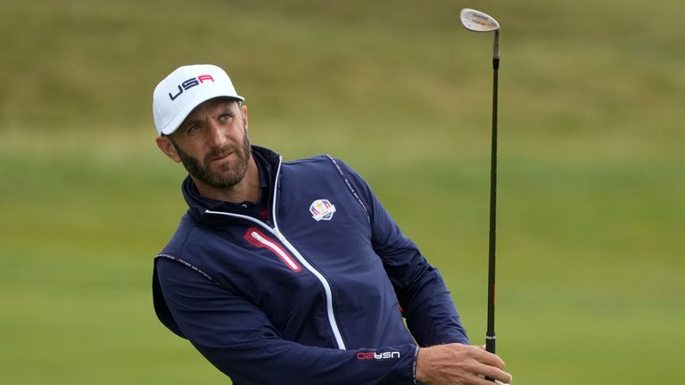 Team USA's Dustin Johnson hits on the fifth hole during a practice day at the Ryder Cup at the Whistling Straits Golf Course Thursday, Sept. 23, 2021, in Sheboygan, Wis. (AP Photo/Charlie Neibergall)