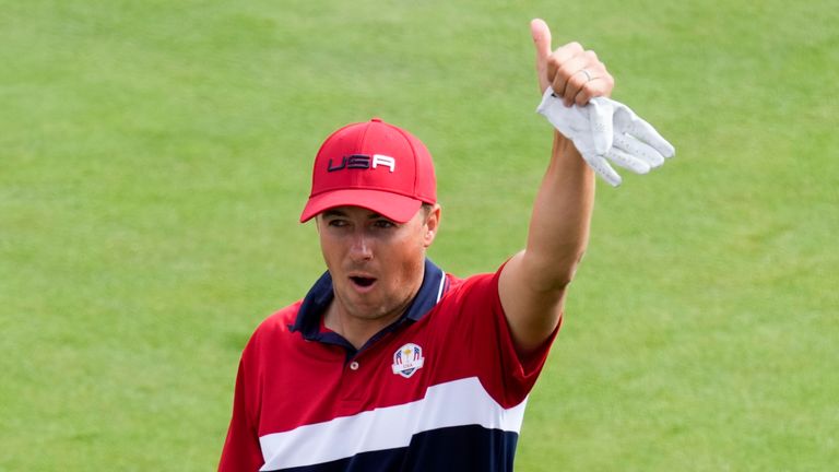 Team USA's Jordan Spieth reacts to the crowd on the first tee during a Ryder Cup singles match at the Whistling Straits Golf Course Sunday, Sept. 26, 2021, in Sheboygan, Wis. (AP Photo/Ashley Landis)