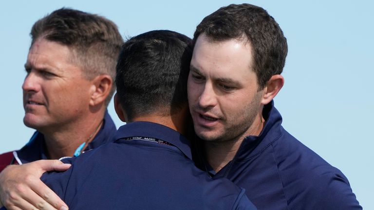 Team USA's Patrick Cantlay and Team USA's Xander Schauffele celebrate after winning their foursome match the Ryder Cup at the Whistling Straits Golf Course Friday, Sept. 24, 2021, in Sheboygan, Wis. (AP Photo/Charlie Neibergall)
