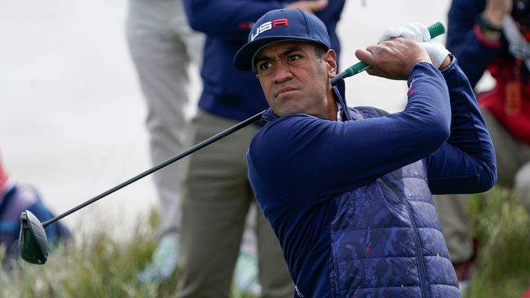 Team USA's Tony Finau hits a drive on the 13th hole during a practice day at the Ryder Cup at the Whistling Straits Golf Course Wednesday, Sept. 22, 2021, in Sheboygan, Wis. (AP Photo/Charlie Neibergall)