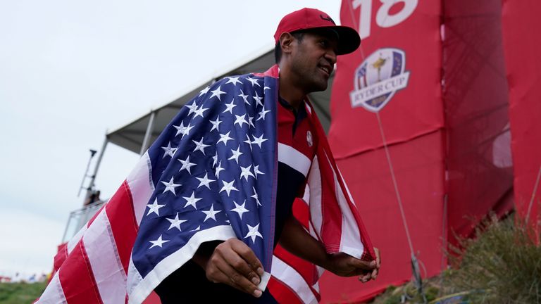 Team USA's Tony Finau celebrates after the Ryder Cup matches at the Whistling Straits Golf Course Sunday, Sept. 26, 2021, in Sheboygan, Wis. (AP Photo/Ashley Landis) 