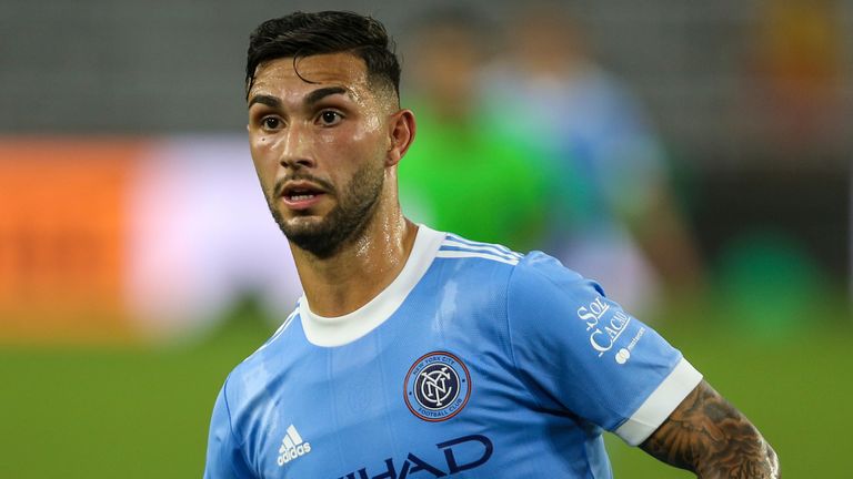New York City FC midfielder Valentin Castellanos (11) during the first half of an MLS soccer match against CF Montr..al Wednesday, July 7, 2021, in Orlando, Fla. (AP Photo/Gary McCullough)