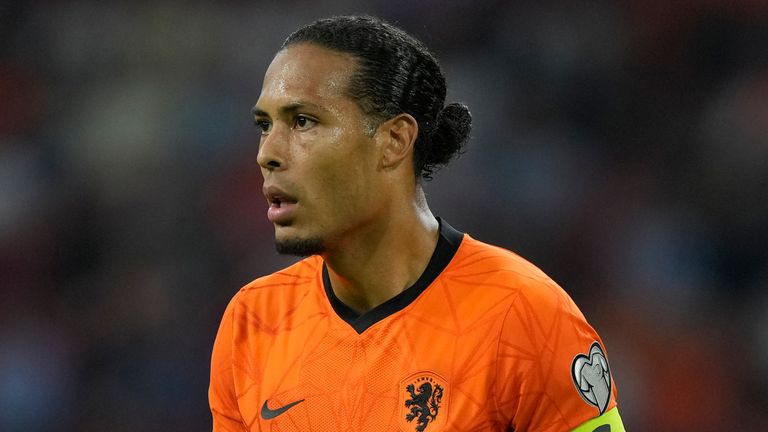Virgil van Dijk of the Netherlands during the World Cup 2022 group G qualifying soccer match between the Netherlands and Turkey at the Johan Cruyff Arena in Amsterdam, Netherlands, Tuesday, Sept. 7, 2021. (AP Photo/Peter Dejong)
