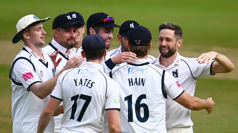 Chris Woakes of Warwickshire celebrates after taking the wicket of Azhar Ali of Somerset during Day Four of the LV= Insurance County Championship match between Warwickshire and Somerset at Edgbaston on September 24, 2021 in Birmingham