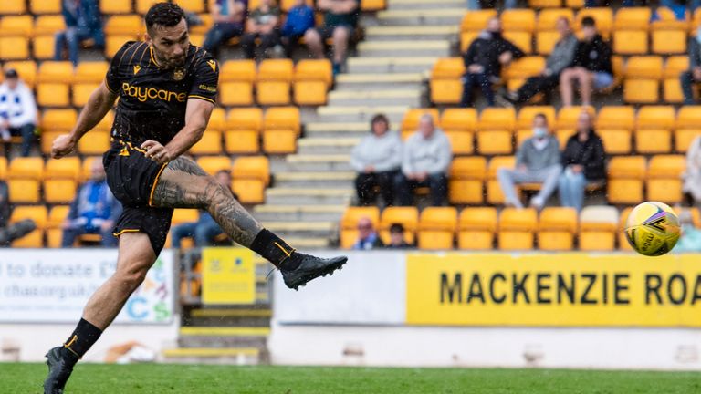 PERTH, SCOTLAND - AUGUST 08: Motherwell&#39;s Tony Watt scores to make it 1-1 during a cinch Premiership match between St Johnstone and Motherwell at McDiarmid Park, on August 08, 2021, in Perth, Scotland. (Photo by Mark Scates / SNS Group)