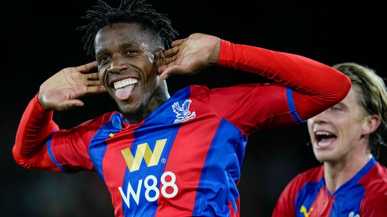 Wilfried Zaha celebrates scoring a penalty for Crystal Palace vs Brighton