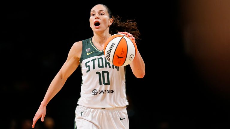 Seattle Storm guard Sue Bird (10) dribbles the ball against the New York Liberty during the first half of a WNBA basketball game Friday, Aug. 20, 2021, in New York. (AP Photo/Noah K. Murray)


