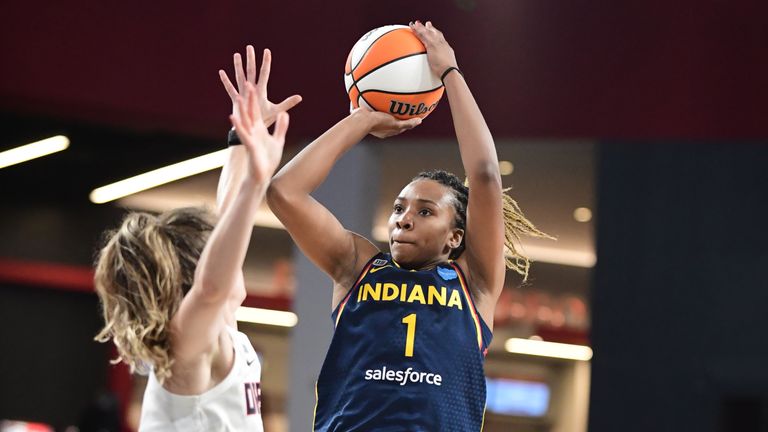 Aaliyah Wilson #1 of the Indiana Fever shoots the ball during the game against the Atlanta Dream on September 14, 2021 at Gateway Center Arena in College Park, Georgia. 