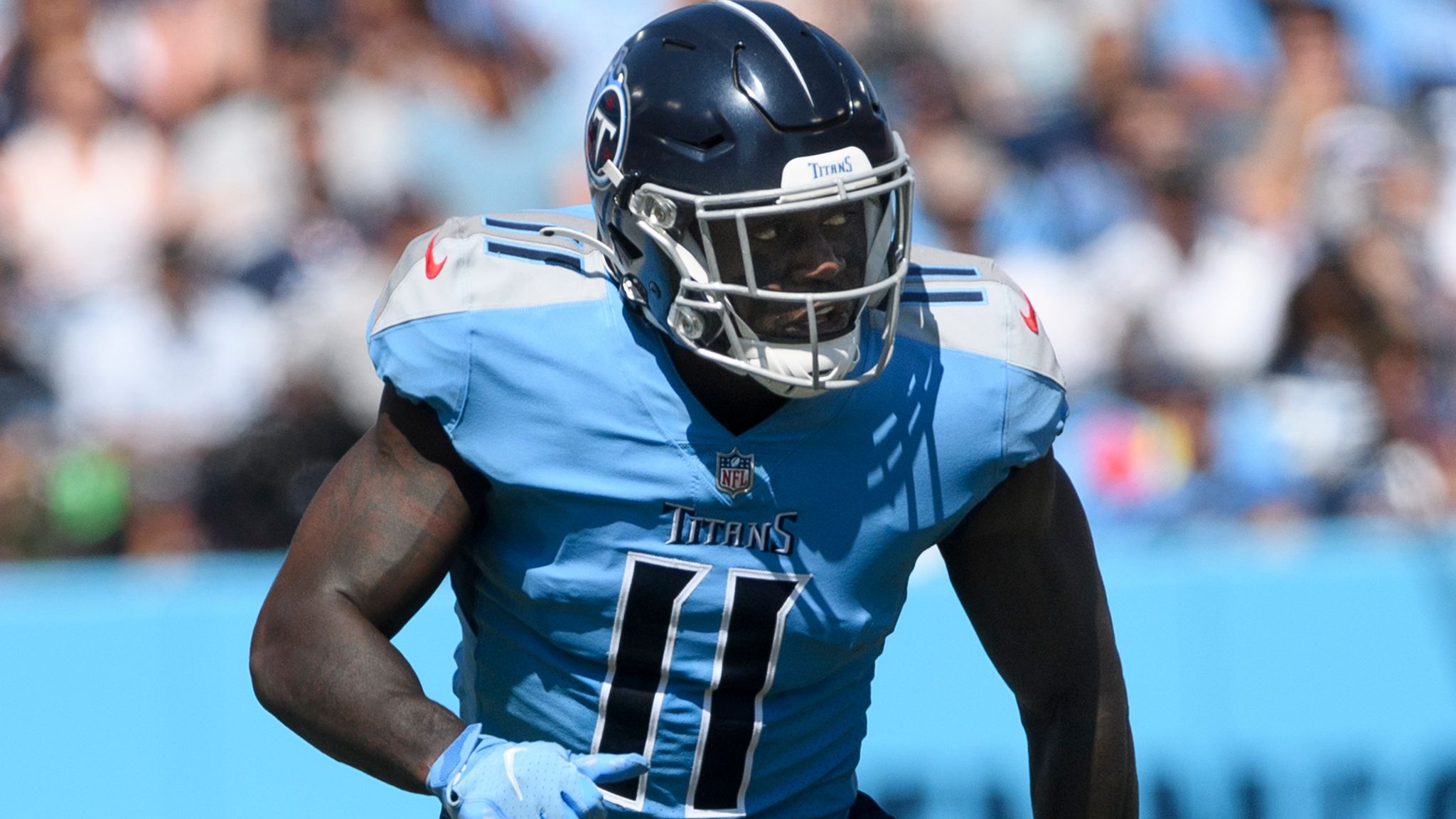 Tennessee Titans' A.J. Brown reacts to his first game back from injury