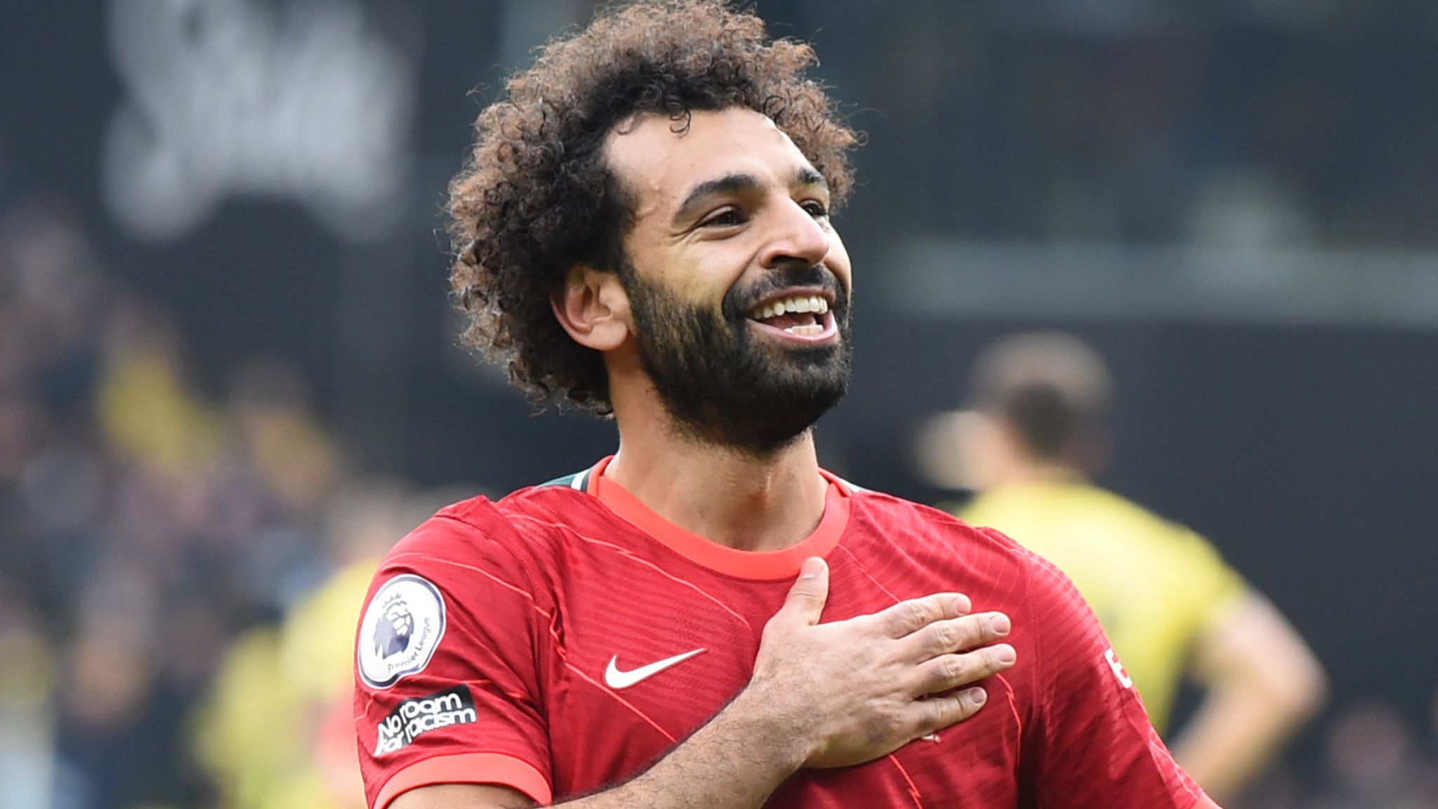 Mohamed Salah celebrates scoring for Liverpool.