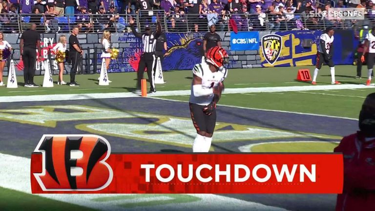 Ja'Marr Chase avoids three tackle attempts from Baltimore Ravens defenders on his way to this stunning touchdown for the Cincinnati Bengals.