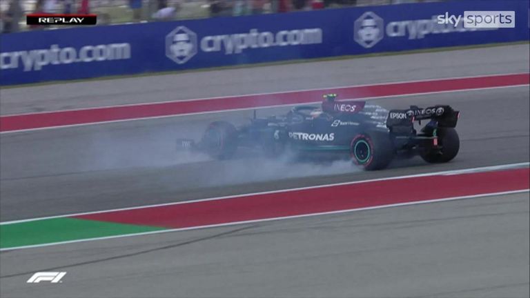 Valtteri Bottas loses control of his Mercedes after clipping the kerb during final practice at the United States Grand Prix.