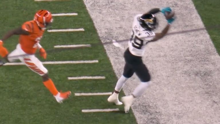 Trevor Lawrence shows unbelievable accuracy on a side-line strike to toe-dragging wide receiver Jamal Agnew for the Jacksonville Jaguars against the Cincinnati Bengals