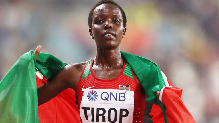 Agnes Tirop celebrates winning bronze in the Women's 10,000m final at the World Athletics Championships in Doha in 2019 