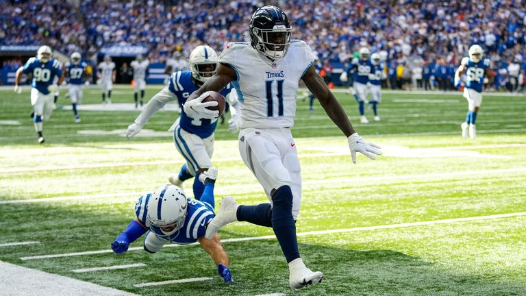 Tennessee Titans wide receiver A.J. Brown (11) heads to the end zone for a touchdown against the Indianapolis Colts in the first half of an NFL football game in Indianapolis, Sunday, Oct. 31, 2021. 