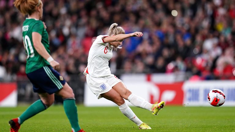 Alex Greenwood takes a shot on goal