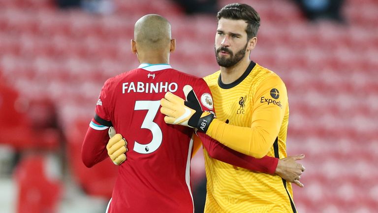 Alisson Becker of Liverpool and Fabinho of Liverpool ahead of the Premier League match between Liverpool and Leicester City at Anfield on November 22, 2020 in Liverpool