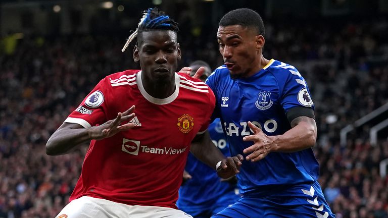 Allan in action against Man Utd's Paul Pogba at Old Trafford