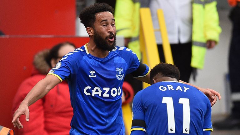 Andros Townsend celebrates his equaliser with Demarai Gray
