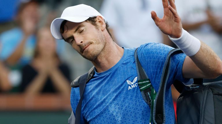Andy Murray of Britain acknowledges the crowd after losing his match against Alexander Zverev of Germany during the 2021 BNP Paribas Open at Indian Wells Tennis Garden in Indian Wells, California