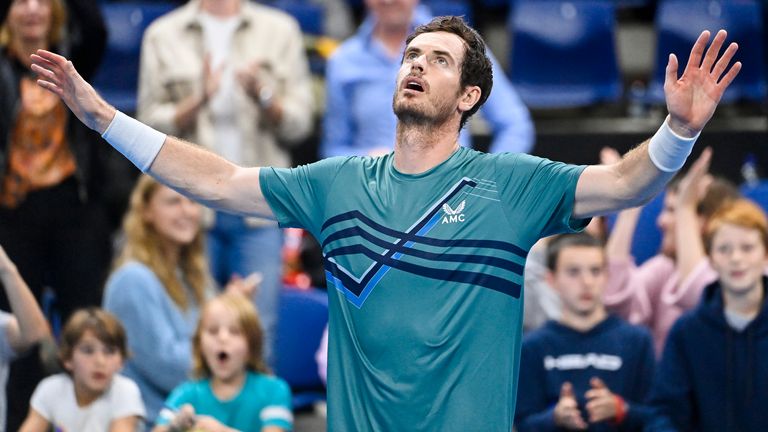 British Andy Murray celebrates after winning a match between US Tiafoe and Britain&#39;s Murray, in the first round of the European Open Tennis ATP tournament, in Antwerp, Tuesday 19 October 2021. BELGA PHOTO LAURIE DIEFFEMBACQ (Photo by LAURIE DIEFFEMBACQ/BELGA MAG/AFP via Getty Images)