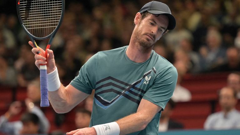 Britan's Andy Murray throws his racket to the ground during his match against Spain's Carlos Alcaraz (not pictured) during the men's singles match at the Erste Bank Open Tennis tournament in Vienna, Austria on October 27, 2021. (Photo by JOE KLAMAR / AFP) (Photo by JOE KLAMAR/AFP via Getty Images)