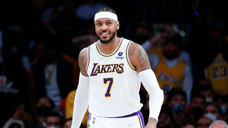Los Angeles Lakers forward Carmelo Anthony (7) smiles during the second half of an NBA basketball game against the Memphis Grizzlies in Los Angeles, Sunday, Oct. 24, 2021. The Lakers won 121-118. 