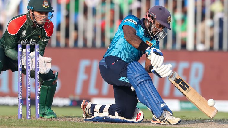 Sri Lanka's Charith Asalanka bats during the Cricket Twenty20 World Cup match between Sri Lanka and Bangladesh in Sharjah, UAE, Sunday, Oct. 24, 2021. (AP Photo/Kamran Jebreili)