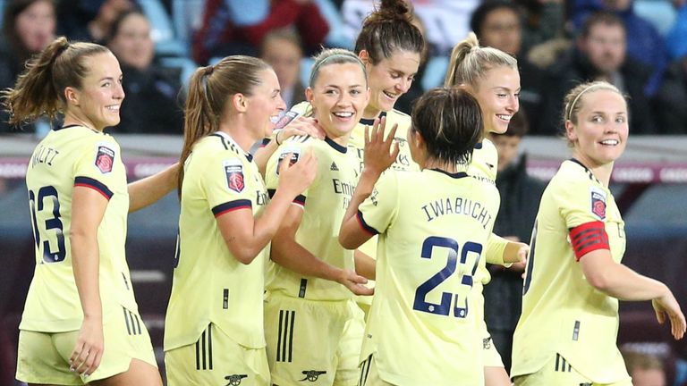 Arsenal&#39;s Katie McCabe (third left) is congratulated by her teammates after scoring her side&#39;s third goal of the game during the FA Women&#39;s Super League match at Villa Park