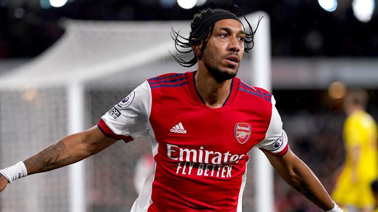 Arsenal&#39;s Pierre-Emerick Aubameyang celebrates scoring their side&#39;s first goal of the game during the Premier League match at the Emirates Stadium, London. Picture date: Monday October 18, 2021.