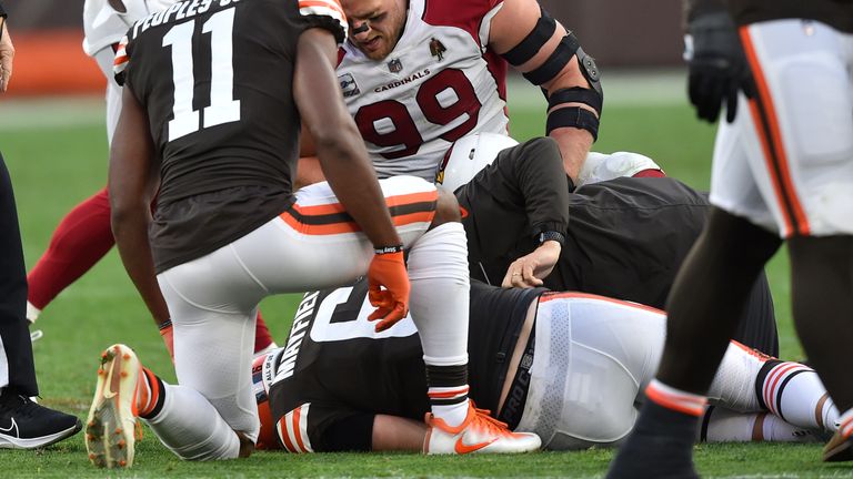 Arizona's JJ Watt shows concern for Baker Mayfield after he was injured on Sunday