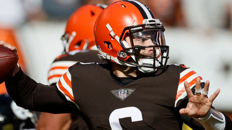 Cleveland Browns quarterback Baker Mayfield throws during the first half of an NFL football game against the Pittsburgh Steelers, Sunday, Oct. 31, 2021, in Cleveland. (AP Photo/Ron Schwane)