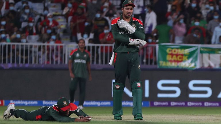 Bangladesh captain Mahmudullah (left) drops a catch against Oman at the T20 World Cup