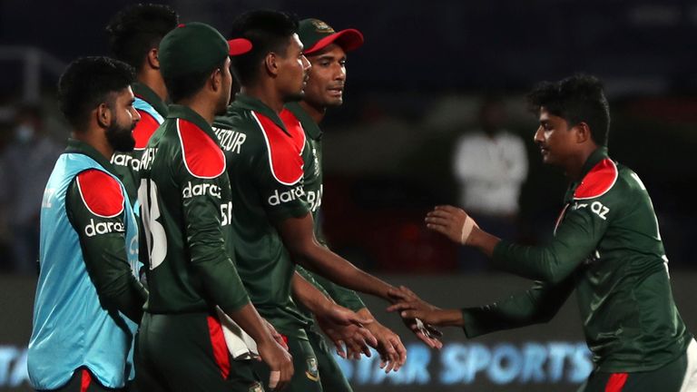 Bangladesh taking an Oman wicket during the T20 World Cup