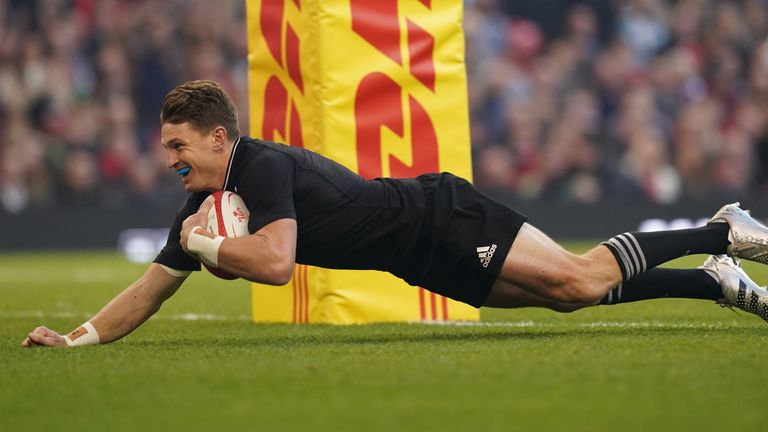 Beauden Barrett snatched two tries through interceptions in Cardiff on his 100th Test cap for the All Blacks 