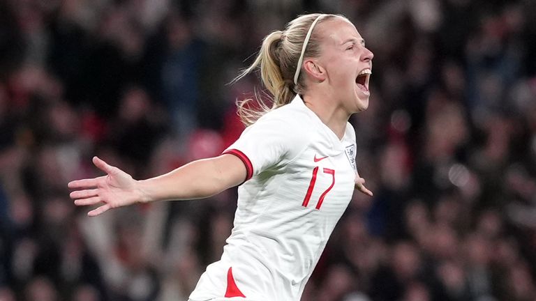 Beth Mead celebrates scoring her second, England&#39;s third, goal of the game