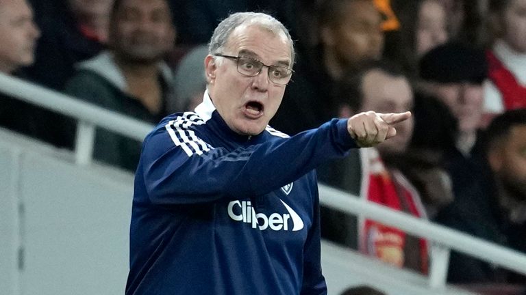Leeds United&#39;s head coach Marcelo Bielsa gestures during the English League Cup round of 16 soccer match between Arsenal and Leeds United at the Emirates Stadium in London, Tuesday, Oct. 26, 2021. (AP Photo/Matt Dunham)