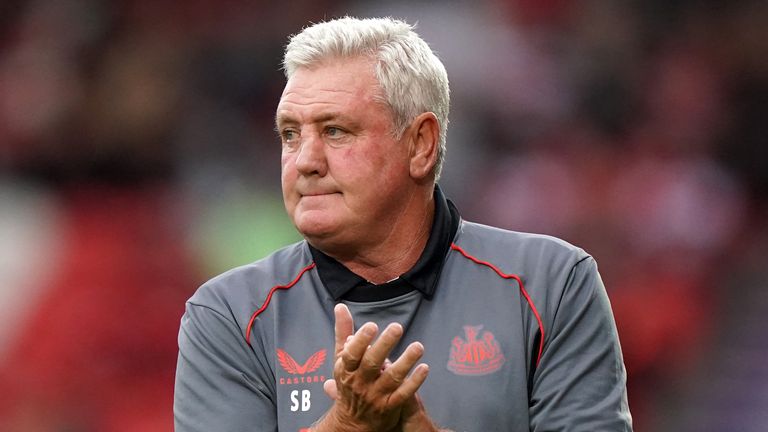 Newcastle&#39;s head coach Steve Bruce watches the play during an English Premier League soccer match between Newcastle and Tottenham Hotspur at St. James&#39; Park in Newcastle, England, Sunday Oct. 17, 2021. (AP Photo/Jon Super)